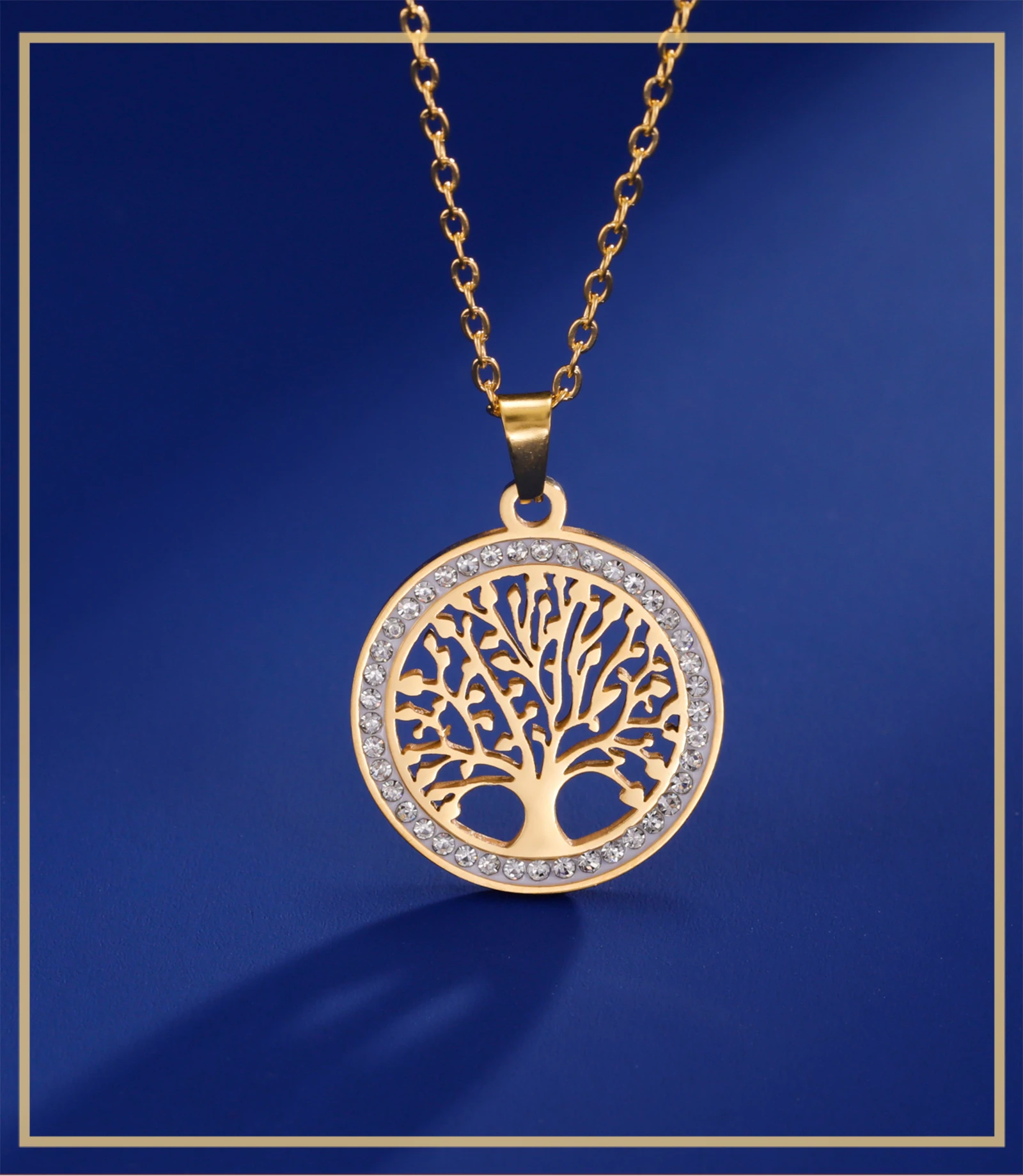 Skyrim Baum des Lebens Halskette für Frauen Edelstahl Gold Farbe Klar Zirkon Runde Anhänger Halsketten Luxus Hochzeitsgeschenk – Detail 3