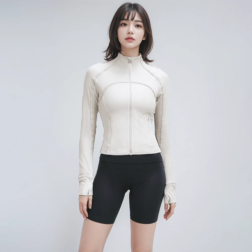 Yoga Wear Women's Sports Jacket Ribbed Jacket with Stand-Up Collar Breathable Nylon High-Elastic Slim Fit Running Sun Protection