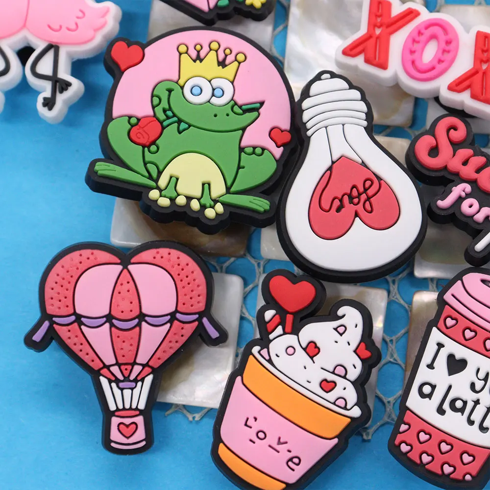 8-20Pcs Cartoon Love Heart Dog Cake Bulb Frog Balloon Cupid Swan Bouquet PVC Shoe Charms Sandals Shoes Ornaments Valentine Gift