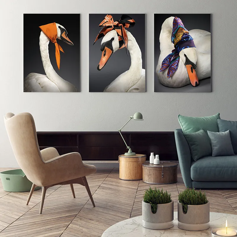 Modern Swan Wearing luxury Head scarf White Coated Paper Posters and Prints Wall Pictures Animal Goose Home Decor