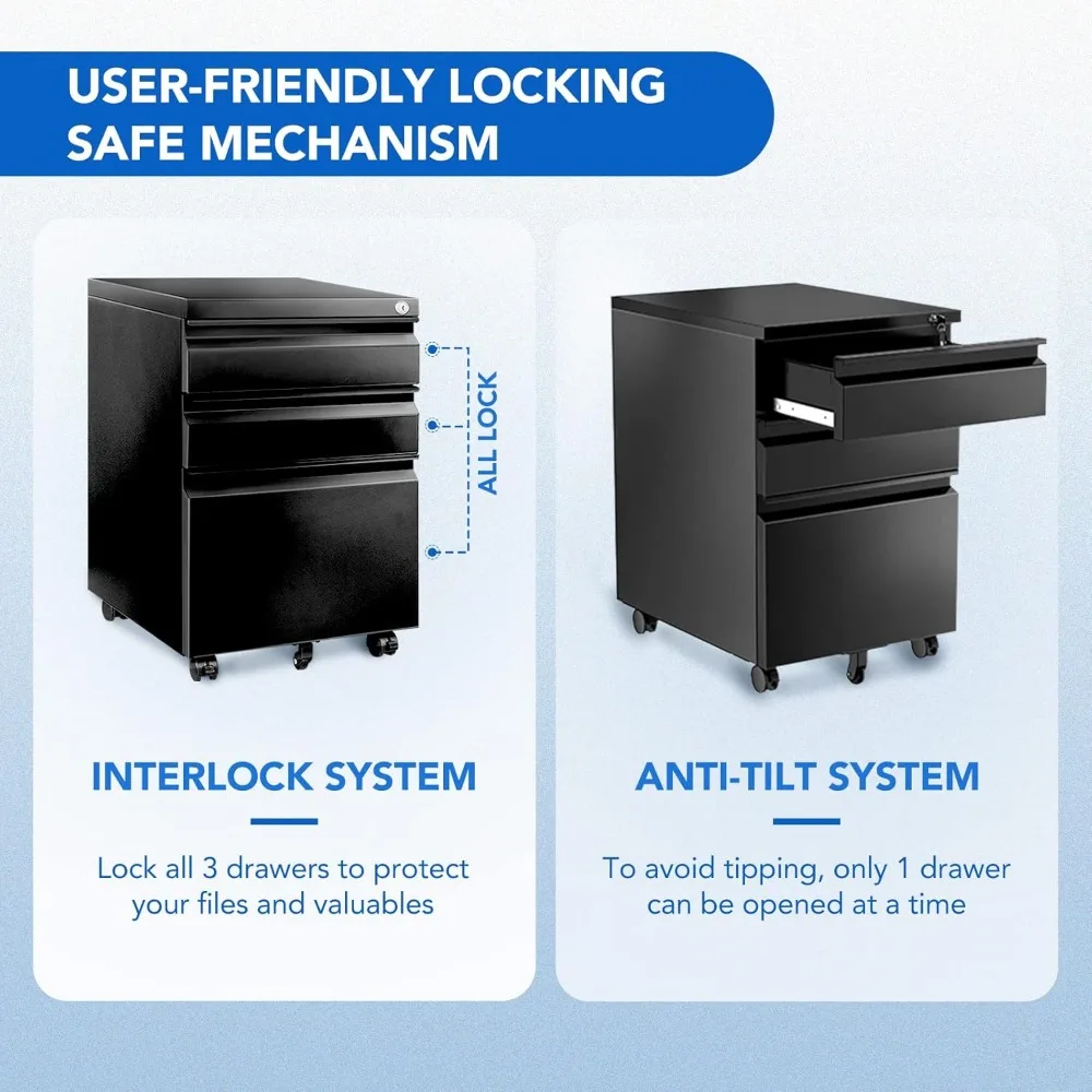 

3-Drawer Metal Mobile Filing Cabinet for Home Office - Under Desk Storage with Lock Keys - Legal/Letter/A4 File