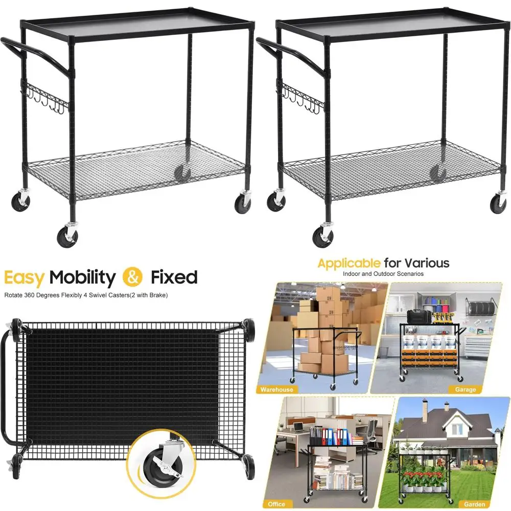 

Прочная 2-уровневая металлическая тележка на колесах, грузоподъемность 450 кг, коммерческая универсальная тележка для хранения, 61x114x99 см, черная