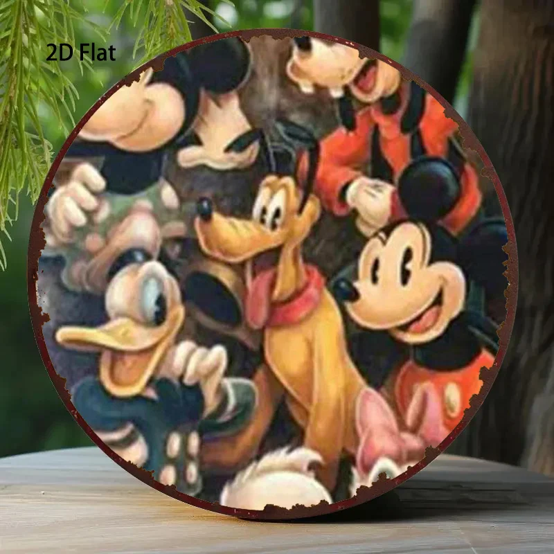 2D Flat, 1pc Disney Round Painting Mickey and His Friends Classic Wall Art, Durable Metal Decor for Home Kitchen Bar Garden& Far