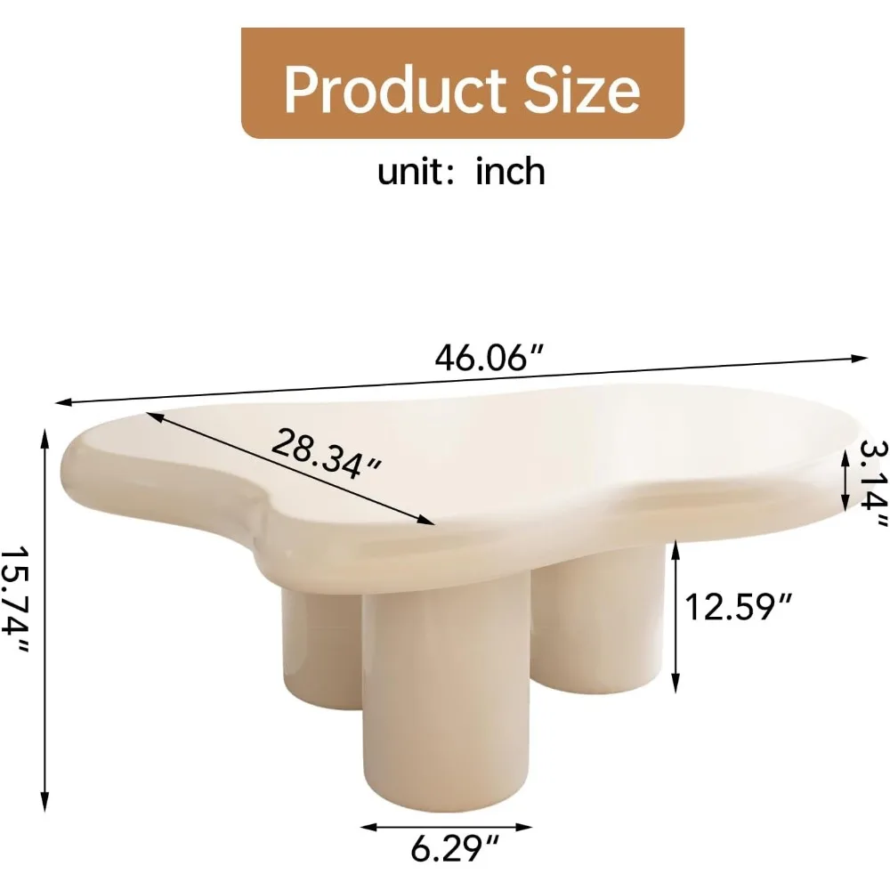 Mesa de centro Cloud, mesa de centro branca moderna para sala de estar, linda mesa de chá interna irregular com 3 pernas