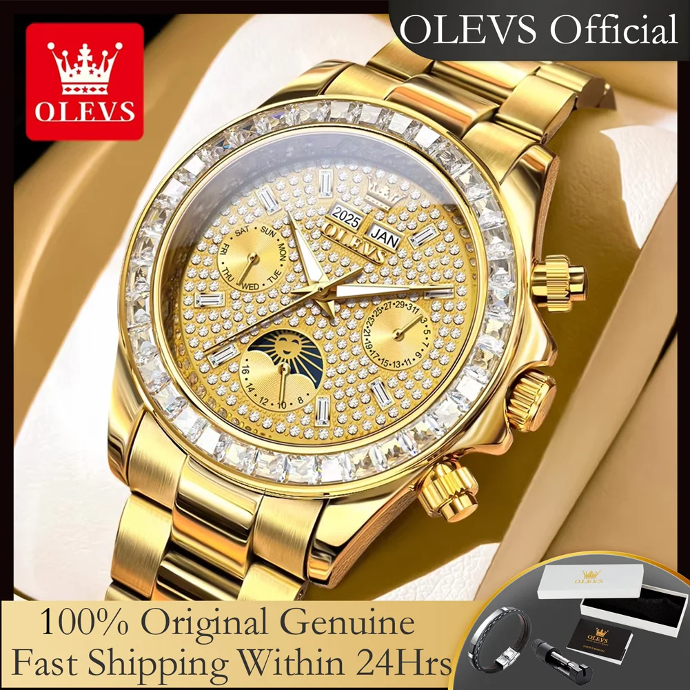 

OLEVS 7038 Full Diamond Gold Watch Perpetual Calendar Automatic Mechanical Watch for Men Moon Phase Waterproof Men's Wristwatch