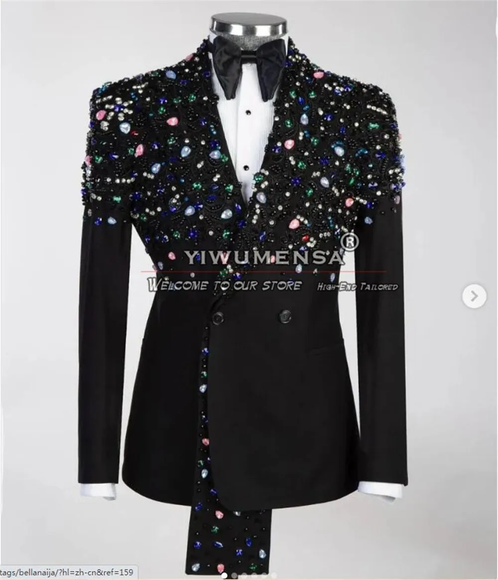 Groom Wear Diamonds Beaded Suits Men Slim Fit Double Breasted Jacket Pants 2 Pieces Man Wedding Tuxedos Tailor-Made Bnaquet Coat