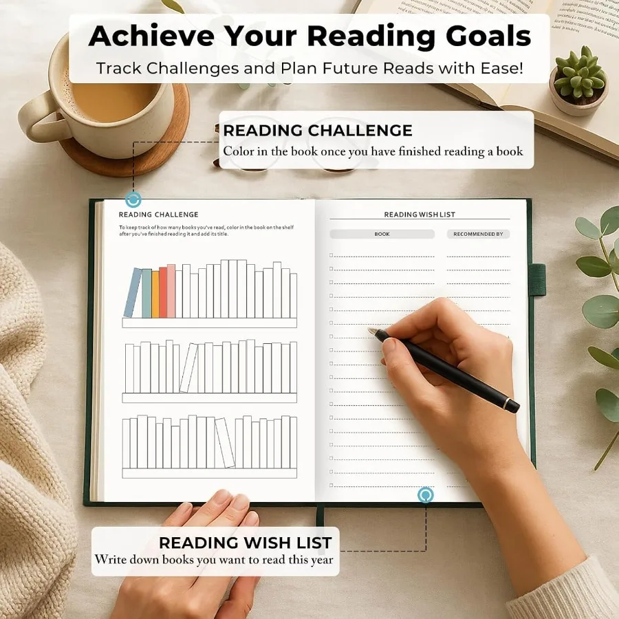 Элегантный Jourl для чтения 60-книго журнала с держателем для ручек и задним карманом Отслеживайте свой герой чтения Идеальный подарок для книги L