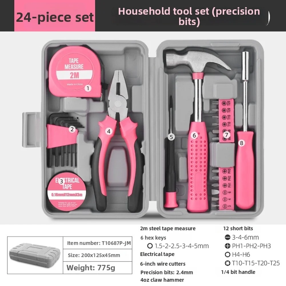 24 Piece Multi Use Tool Kit with Screwdrivers Pliers Hammer Tape Measure and 12 Short Bits for Electronics and Home