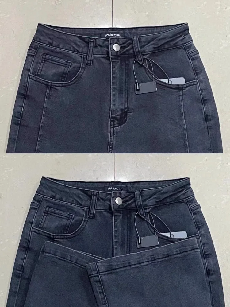 Cintura alta queimado jeans feminino elástico hip cobrindo bla ey denim calças outono novo sle plus size algodão tecido estiramento