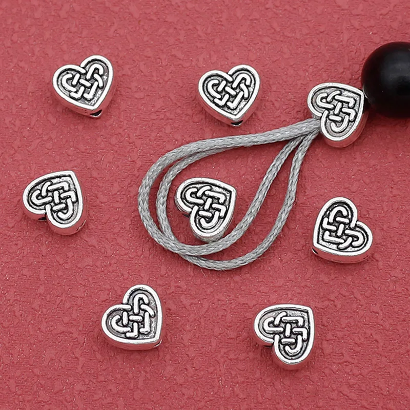 20 unids/lote clásico patrón de nudo chino cuentas de corazón sueltas 9x8mm pendientes colgantes decoración espaciadores de cuentas de Metal artesanía de joyería DIY