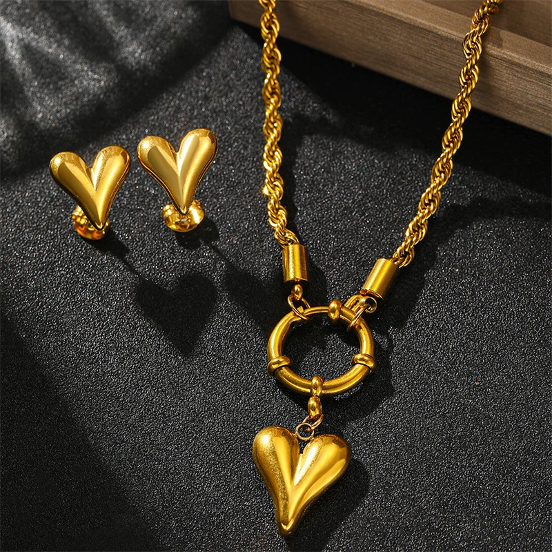 316L Stainless Steel New Fashion Waterproof Jewelry Hip-hop Love Heart Shape Charm Rope Chain Choker Necklace Earrings For Women