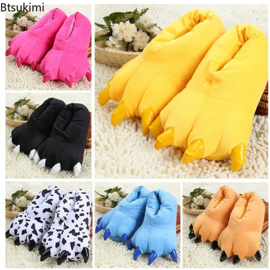 New Winter Warm Soft Indoor Floor Slippers Parent Child Shoes Paw Funny Animal Christmas Monster Dinosaur Claw Plush Home Shoes