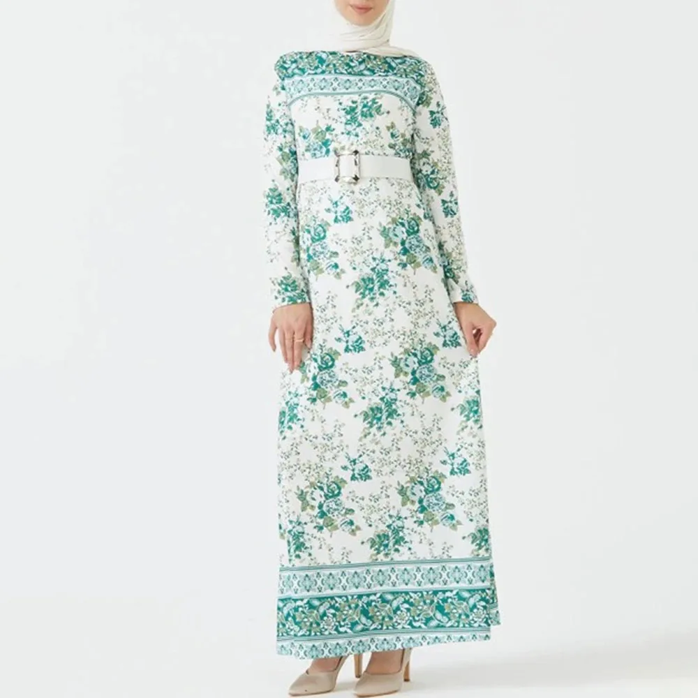 Muslim Fashion Round Neck Long Sleeve Maxi Dresses With Sashes Elegant Fresh Green Printed Abaya Dubai Pakistan Clothing Women