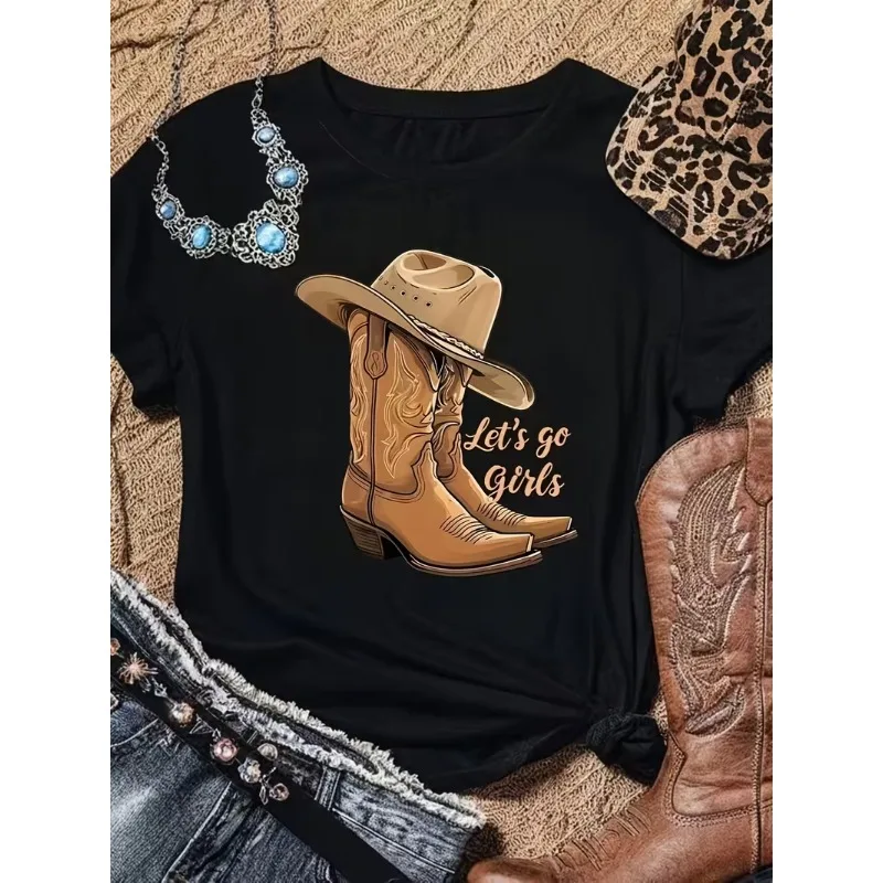 Western Cowboy Letter Graphic T-Shirt Women’s Casual Crew Neck Short Sleeve Tee Cowboy Boots Hat Print for Western Themed Wear