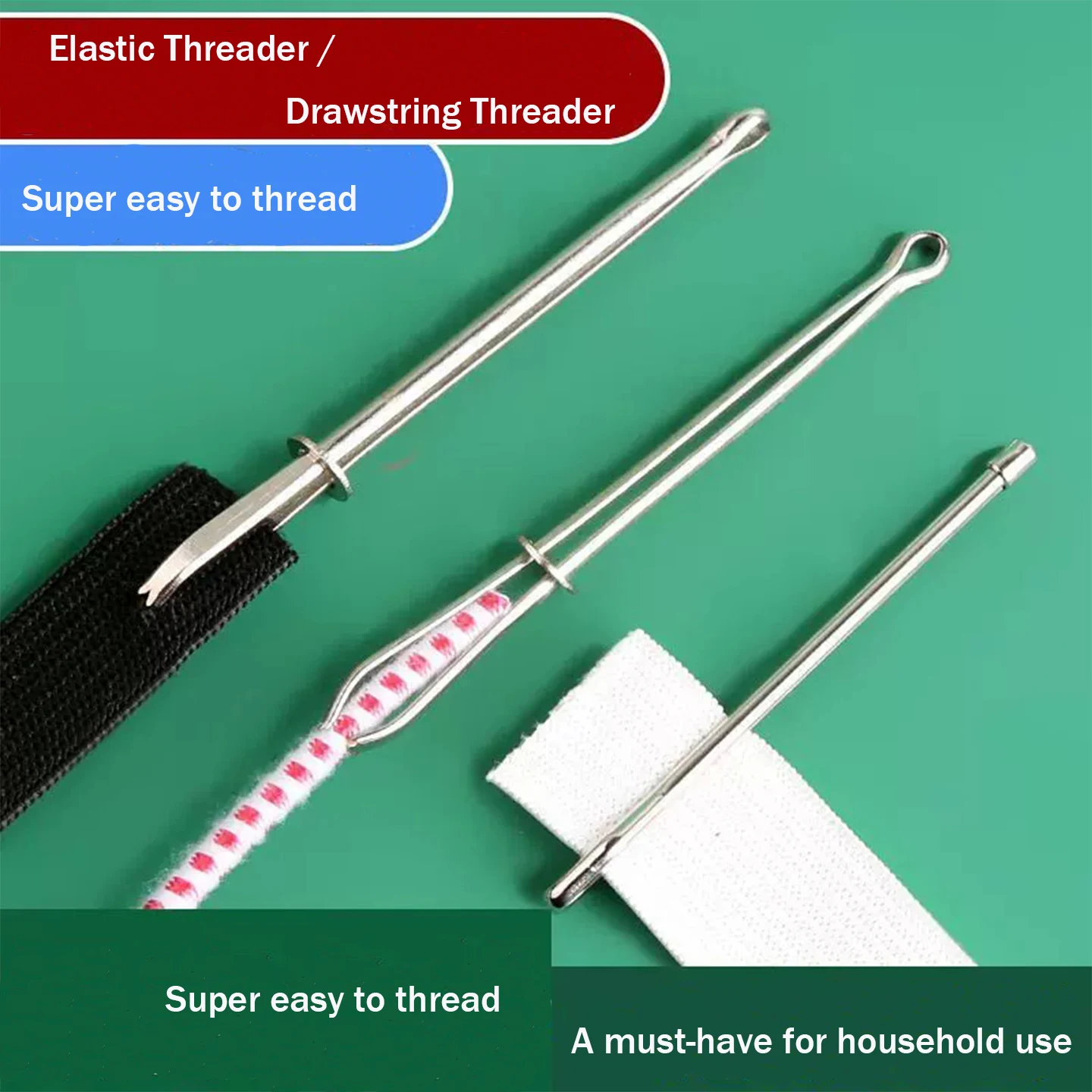 Metal Elastic Cord Threader Drawstring Threading Tool 2 Styles Clip Tip Round Tip Sewing Tool for Waistband Hoodie Cuff Elastic