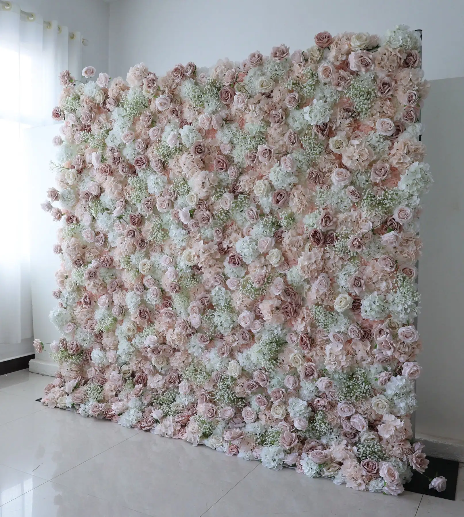 Royal Dried rose series green hydrangea 3D luxury Curtain Flower Wall Wedding Backdrop Milan Turf Plant Wall Window Display