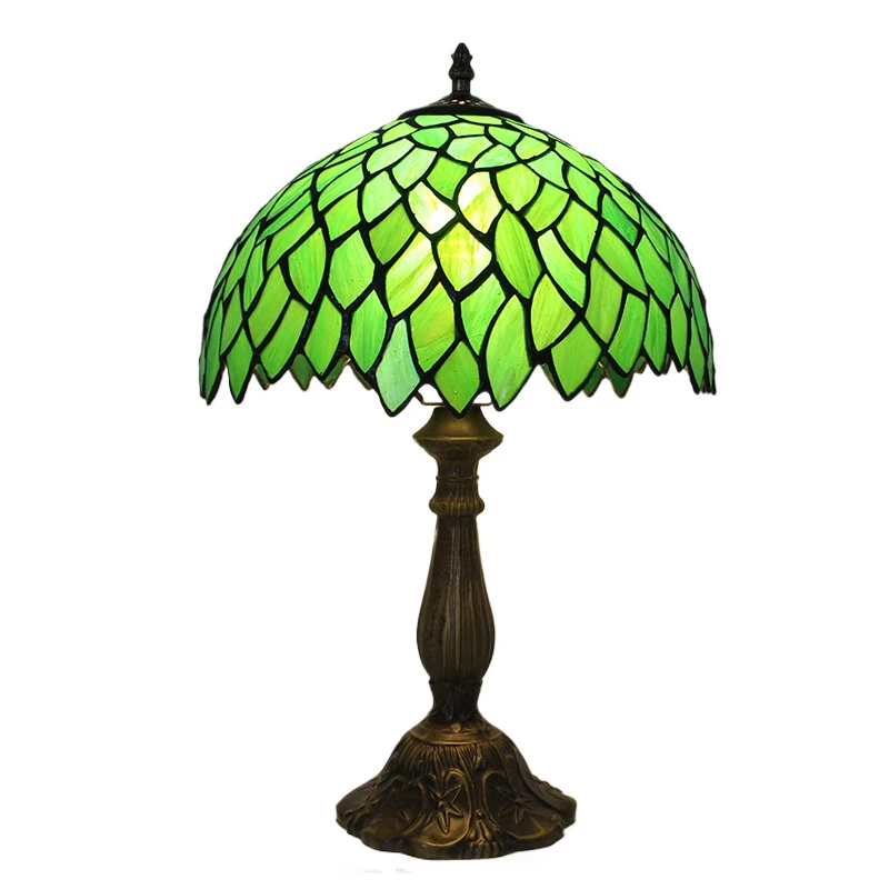 12inch 30cm Green Leaf Stained Glass Tiffany Lampshade Pastoral Bedside Table Lamp Lamparas De Mesa Desk Light