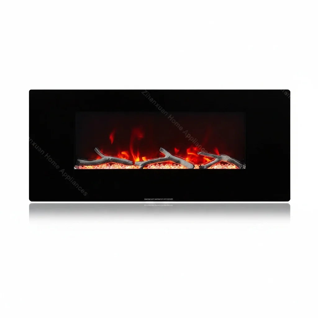Wall Mounted Electric Fireplace, 42 inch LED Flame Heater with Speakers, Modern Indoor Tempered Glass Fireplace