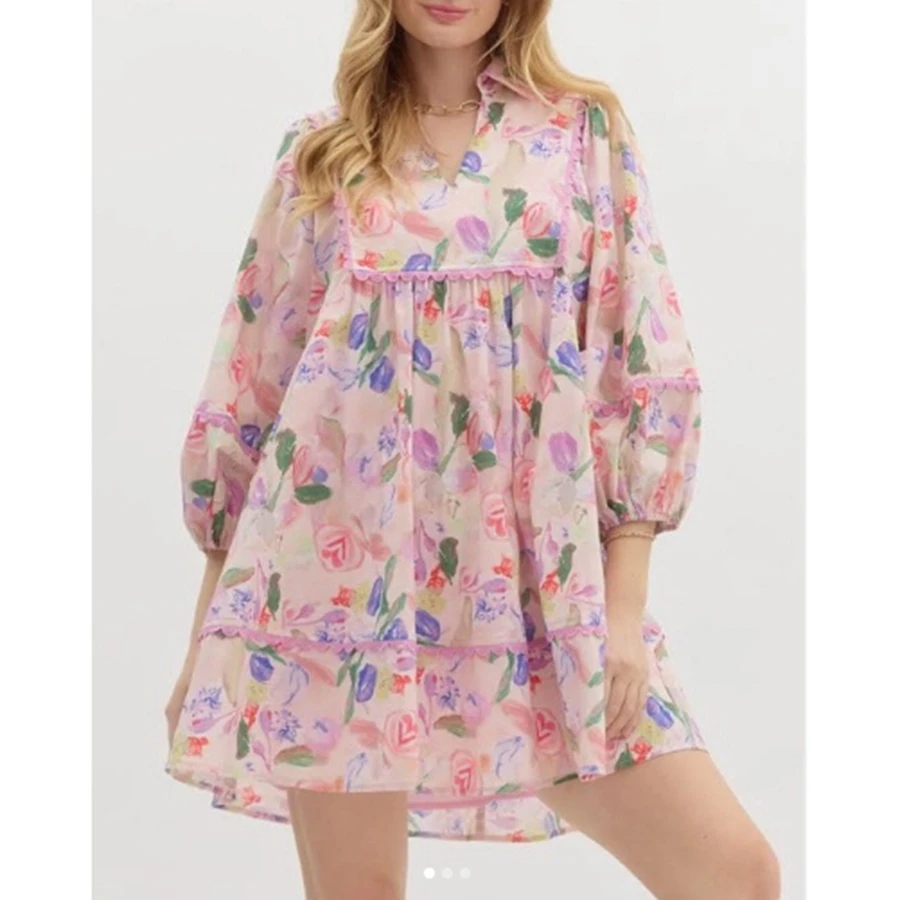 Sukienka damska Combhasaki, letnia, w stylu boho, z kwiatowym nadrukiem, z klapami, dekolt w serek, bufiaste długie rękawy, wysoki stan, luźna, krótka, mini, zwiewna, w kształcie litery A.