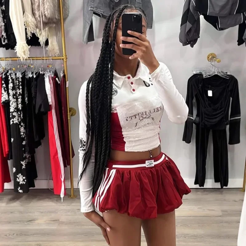 

Women 2 Piece Set Letter Print Lace Patchwork Turn Down Collar Long Sleeve Shirts Crop Tops + Mini Bubble Skirts Streetwear Suit