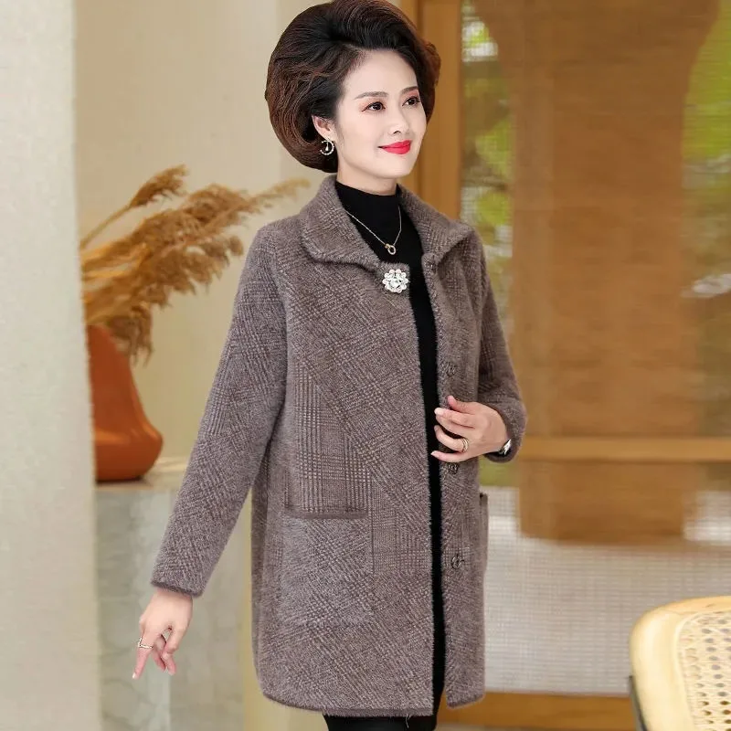 Middle Aged Elderly Women\'s Woolen Coat Autumn Winter High End Double-sided Cashmere Wool Jacket Mother Knitted Cardigan Outwear