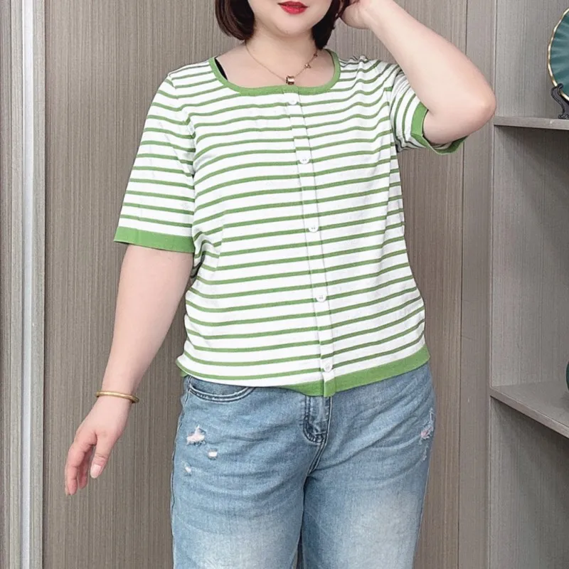 Striped Ice Silk Knit Tees Women 2024 Summer New Plus Size Thin Square Collar Style Pullover Short Sleeve T-Shirt