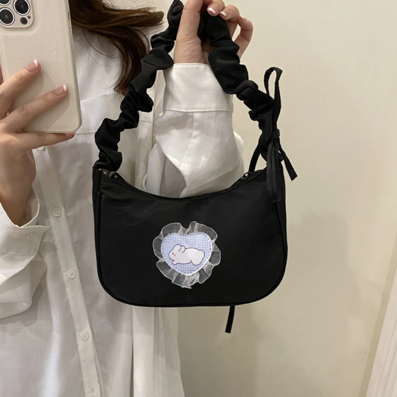 Shoulder Bags Women Nylon Cartoon Rabbit Sweet Lovely Girls All-match Pleated Strap Lace Underarm Zipper Fashion Brand Ins Retro