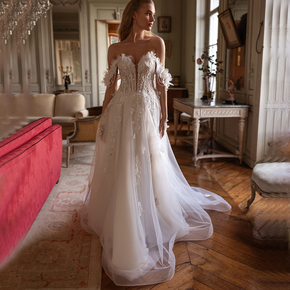 

Luxury Bride Wedding Dress Sweetheart Off the Shoulder Applique A-Line Tulle 3D Flowers Customized Backless Sweep Train Gowns