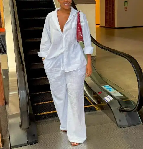 

Autumn Pure White Collar Long Sleeved Shirt and High Waisted Straight Leg Pants Set for Women, Elegant and Casual 2-Piece Set