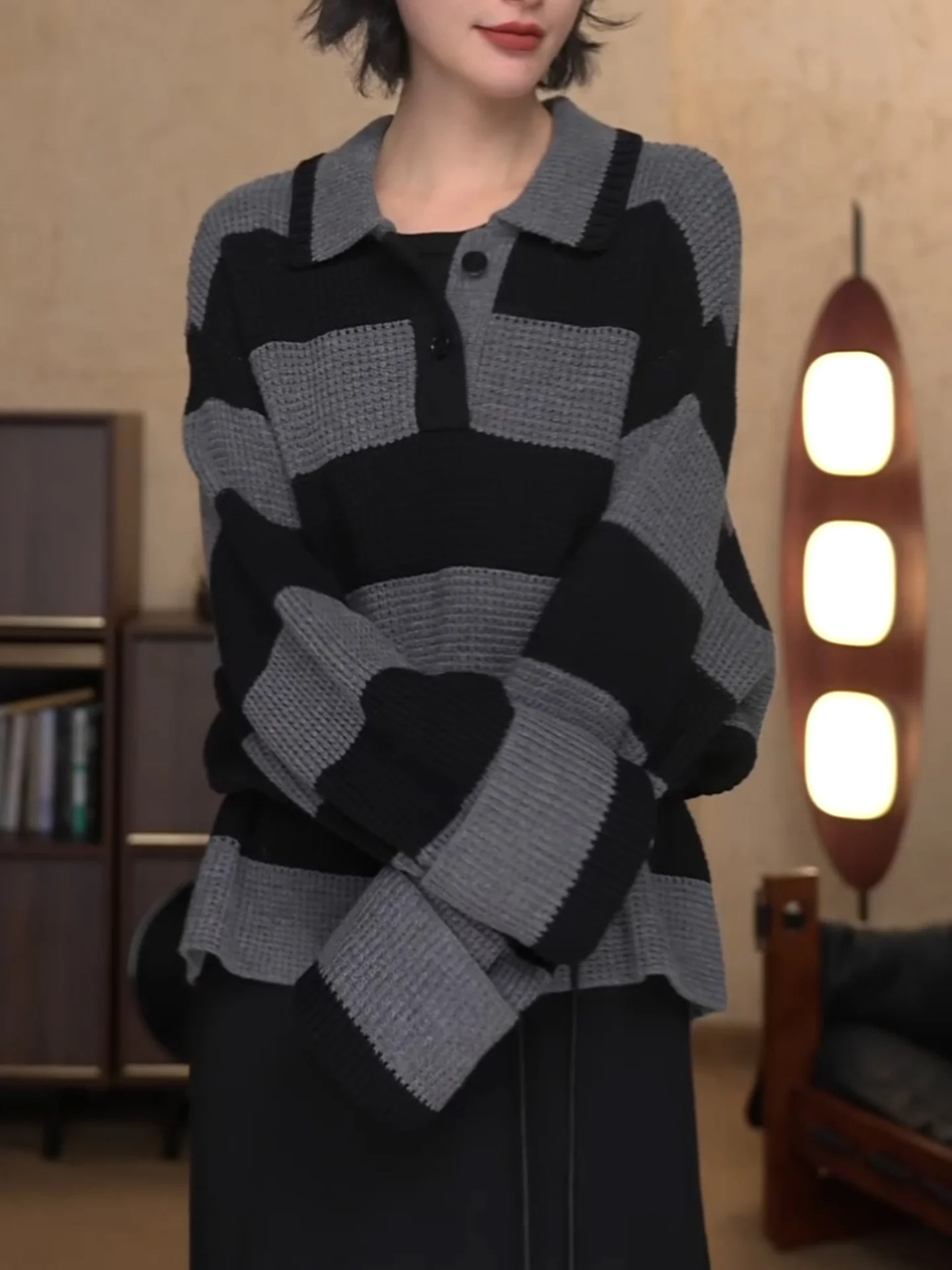 

Retro Striped Collar Knitwear Long Sve Base Layer Inner Wear Autumn Winter High End College Sle Women's Camere Sw...