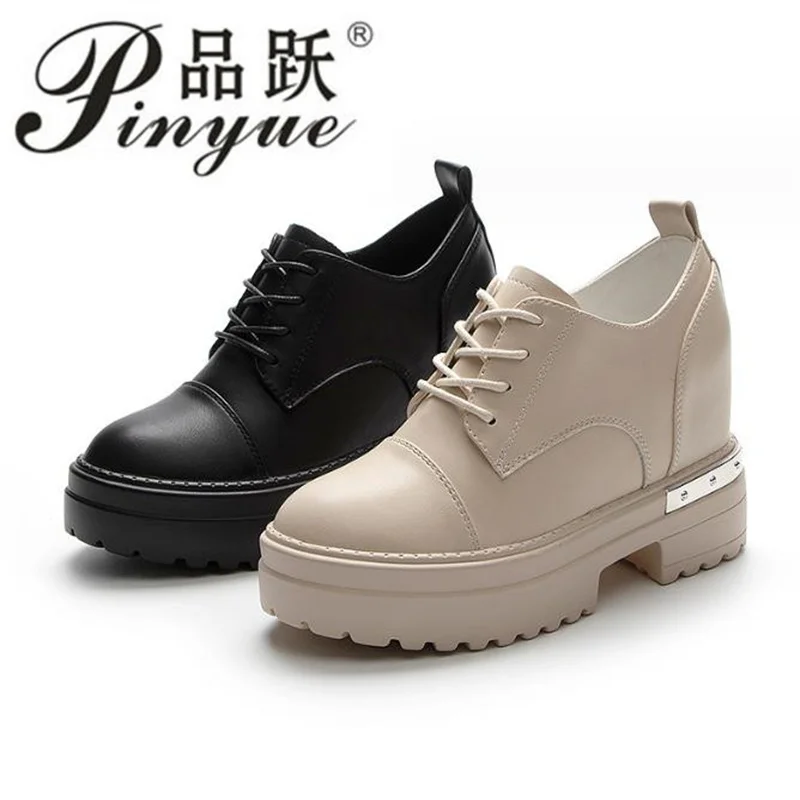 

9cm women boots shoes genuine leather platform wedge spring autumn women casual shoes spring autumn slip on frenum booty 34 39