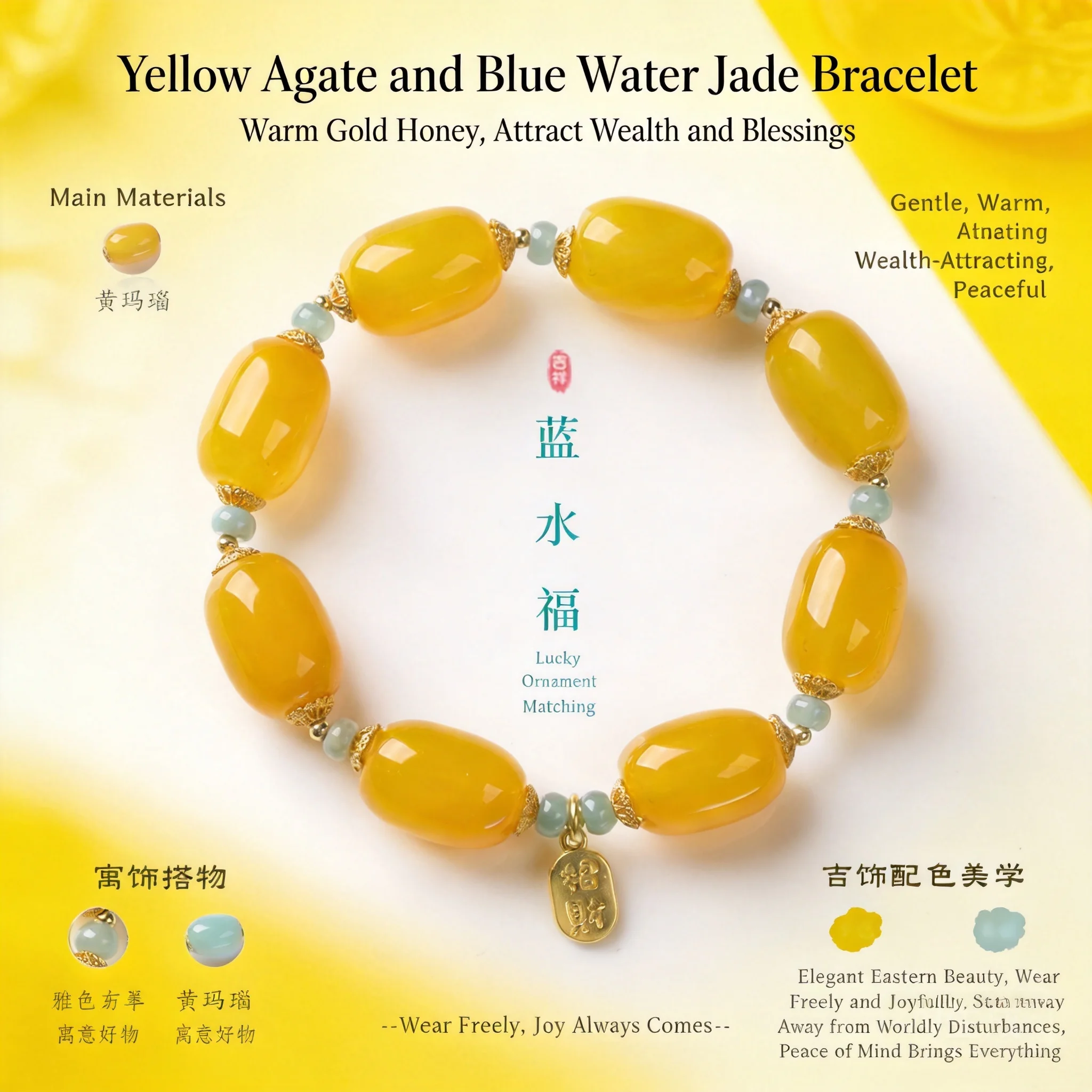 

2026 Chinese Style Beaded Bracelet Good Luck Blessing Jewelry For Women Men Daily Wear Yellow Agate Blue Water Jade Beads Wholes