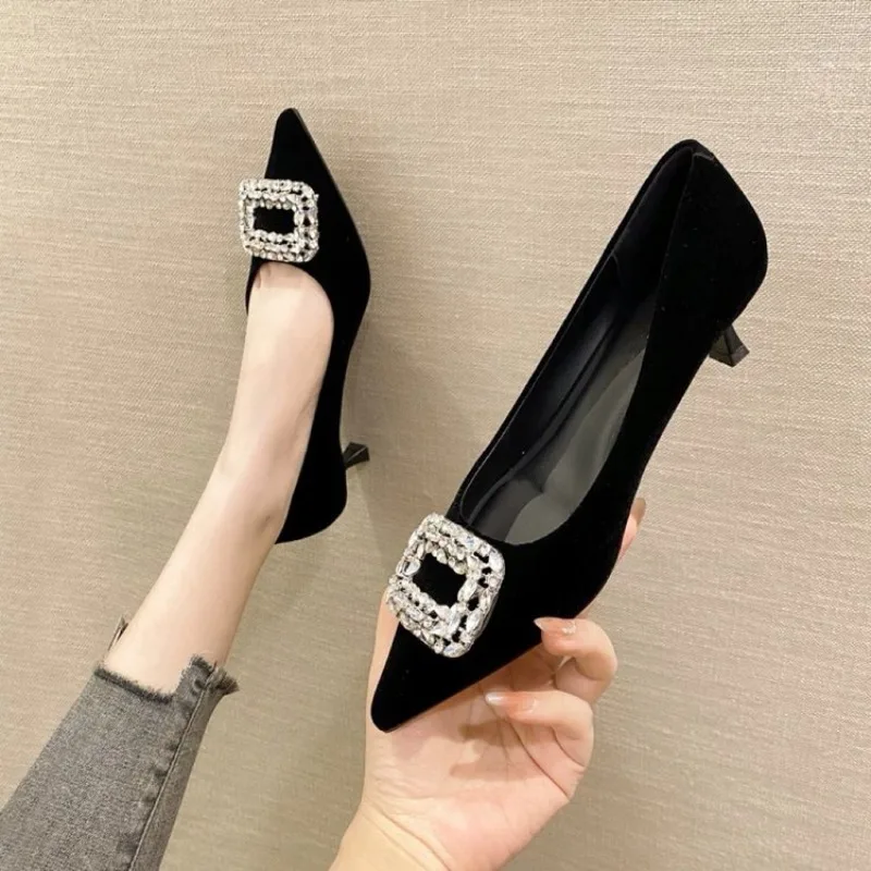 

Sharp Pointed Rhinestone Square Buckle High Heels for Women with Slim Heels 2026 New Spring and Autumn Black Suede High Heels