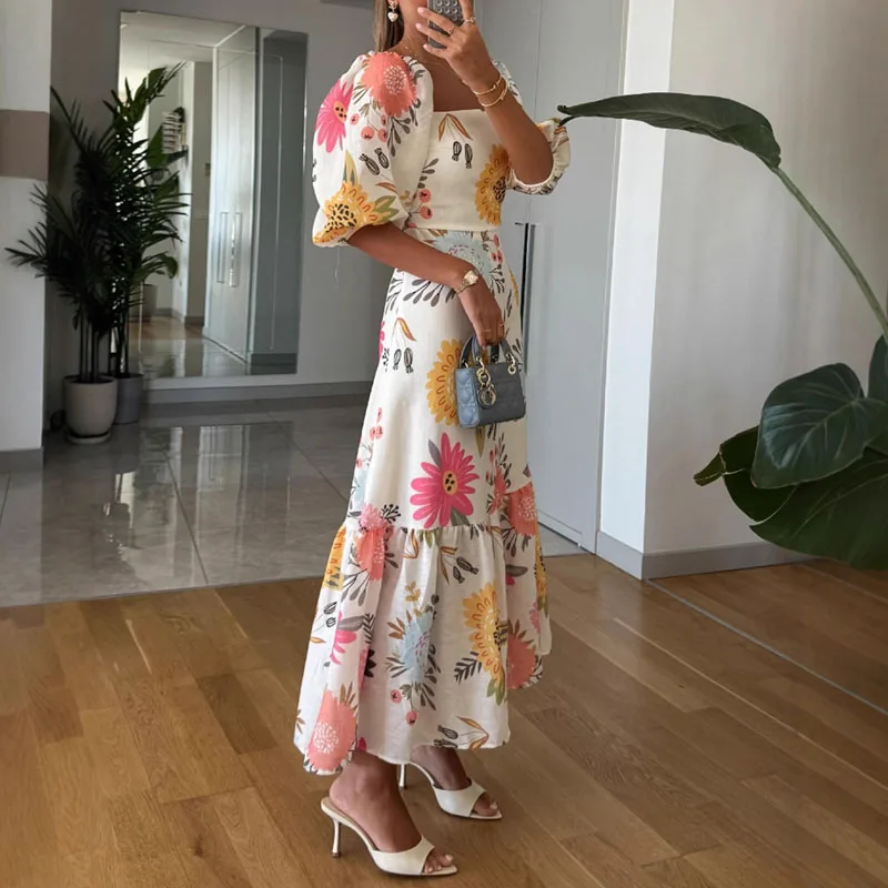 Robe longue plissée à imprimé Floral pour femme, élégante, col carré, manches bouffantes, décontractée, ligne a, style Boho, dos nu, robe de vacances