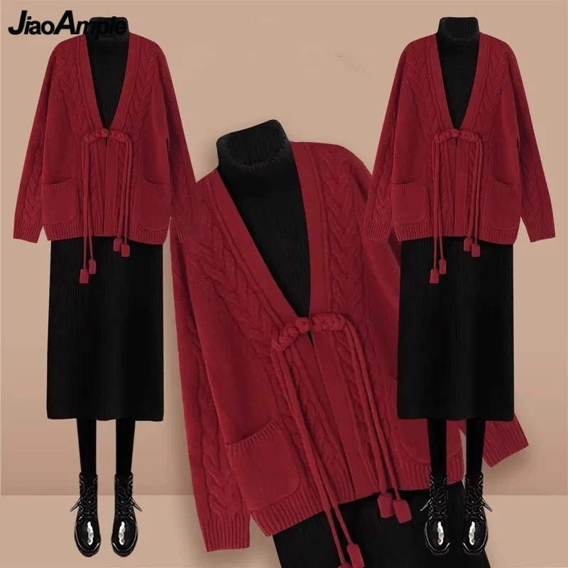 

Chinese Style Graceful Red Sweater Cardigan Knit Turtleneck Dress 1 or Two Piece Set Autumn Winter Lady Coat Knitwear Outfits