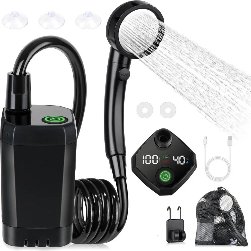 6000mAh Portable Camping Shower Intelligent LED Display Dual Speed Mode Electric Shower Pump Waterproof Quiet Outdoor Shower Set