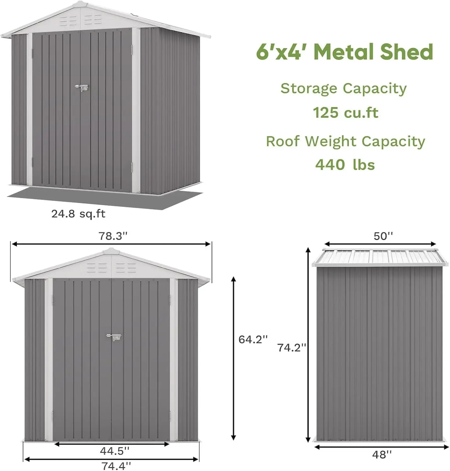 6x4 FT Outdoor Storage Shed, Metal Sheds, Gray