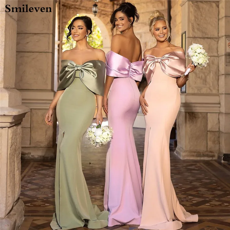 Smileven vestidos de dama de honra de cetim macio, sem mangas, arcos, melhor amigo da noiva, vestido de festa de casamento de cetim macio personalizado