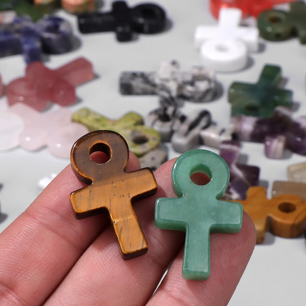 Natural Ankh Cross Stone Bead 20x30mm Quartz Agat Jasper Key of Life Pendant For Gothic Jewelry Making DIY Necklace Earrings
