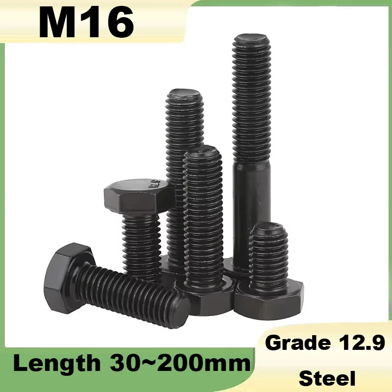 1Pcs M16 Black External Hexagon Outside Hex Head Cap Screws Bolt High Tensile Grade 12.9 Steel DIN933/DIN931 Length 30~200mm