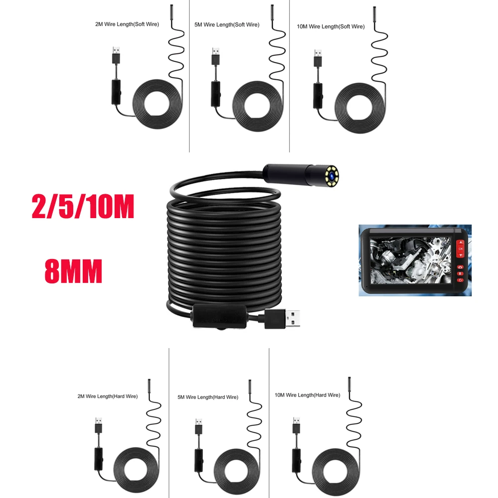 8MM USB Camera 2/5/10m Industrial Endoscope Borescope Inspection Camera Built-in 8pcs LEDs 8mm Lens IP67 Waterproof USB Endoscop