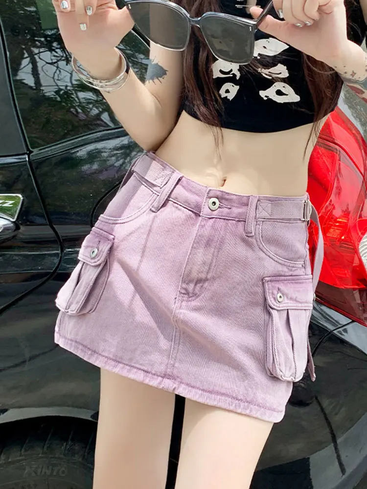 

Women Purple A-line Denim Cargo Skirt Vintage Y2k Mini Cowboy Skirt Harajuku Korean Jean Skirt 2000s Fashion Clothes Summer 2024