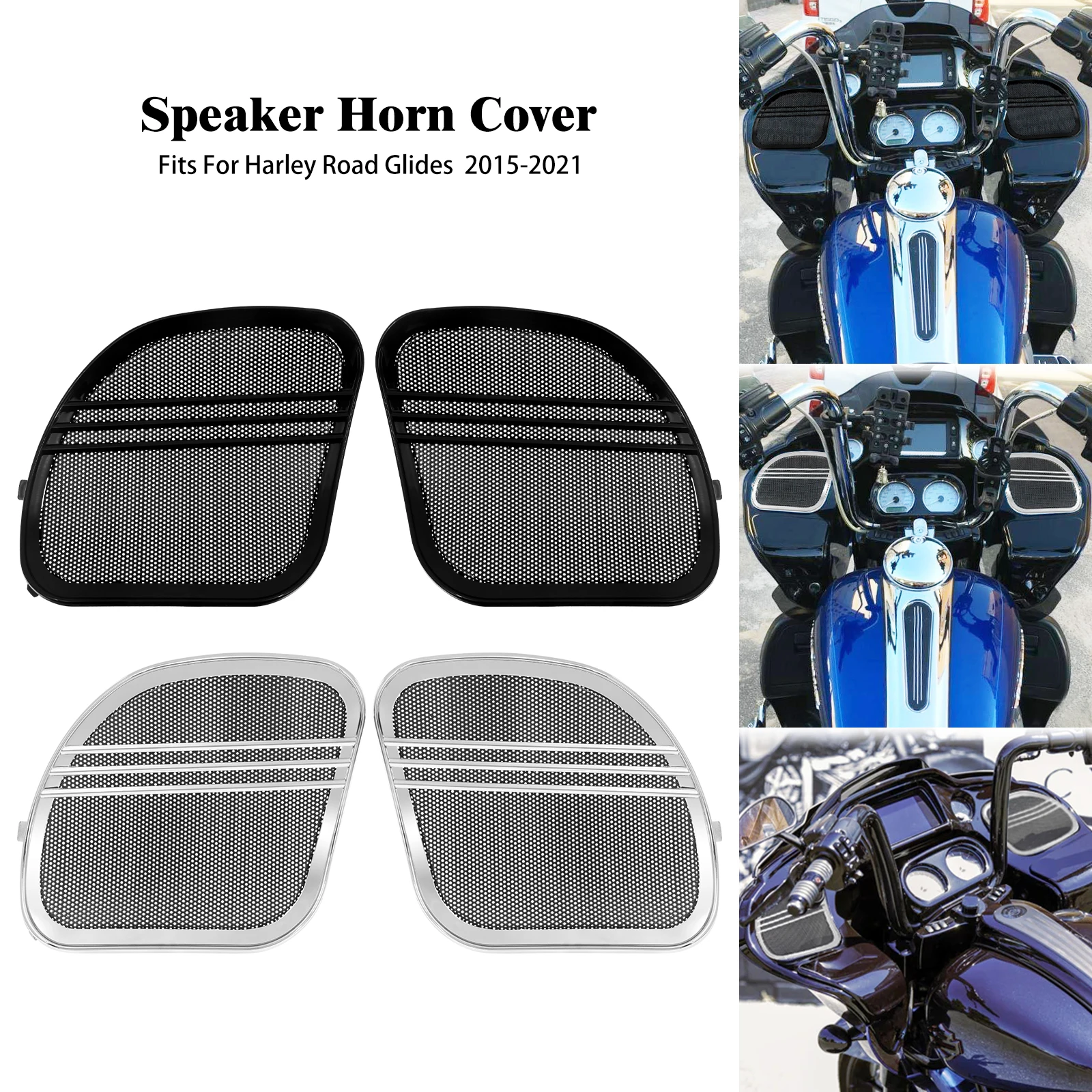 

Motorcycle Tri-Line Speaker Grills Horn Cover Trim Black/Chrome For Harley Touring Road Glide FLTRX Special FLTRXS Ultra 15-2022
