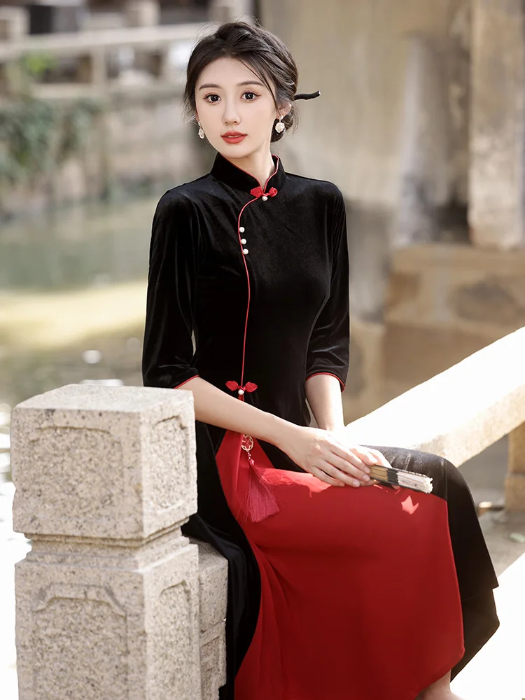 FZSLCYIYI Vintage Seven Points Sleeve Side Split A-Line Velour Women Qipao Chinese Mandarin Collar Femme Cheongsam Dress