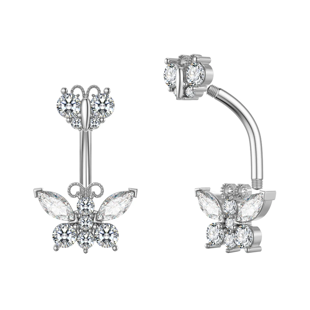 Trendy Water Droplets Zircon Belly Button Rings Piercing Nombril for Women Girl 14G Stainless Steel Butterfly Dangled Navel Ring