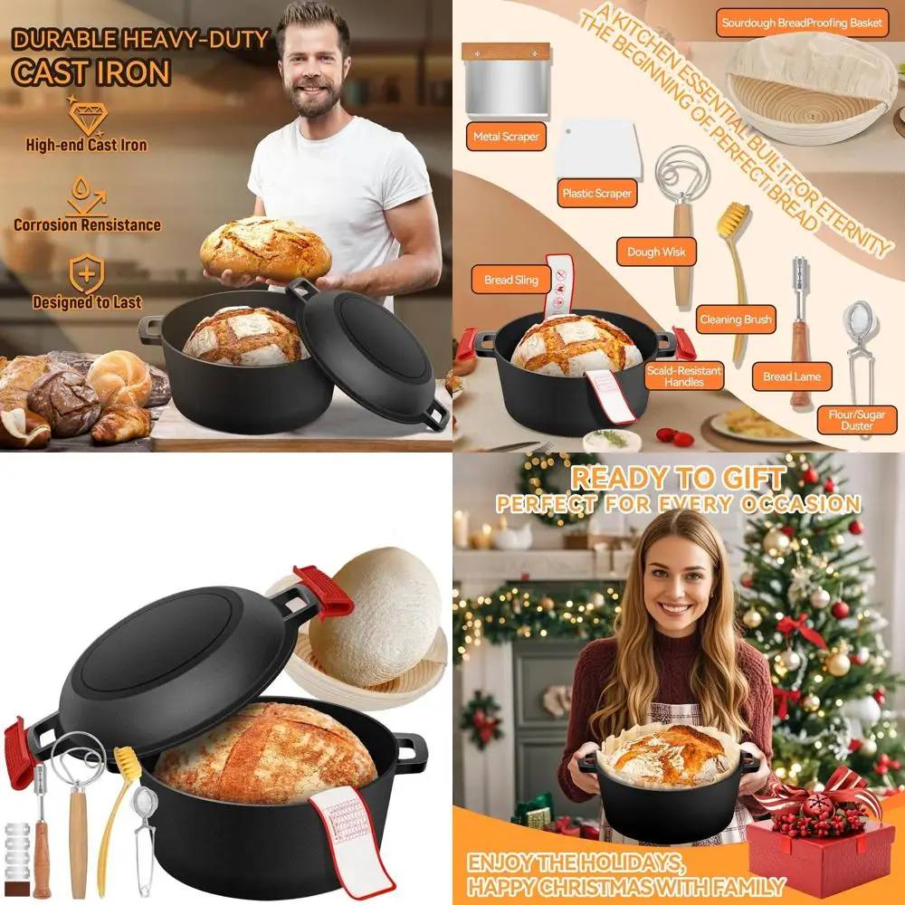

2-in-1 Cast Iron Dutch Oven with Skillet Lid for Bread Baking and Banneton Proofing, 5 Quart Sourdough Baking Kit