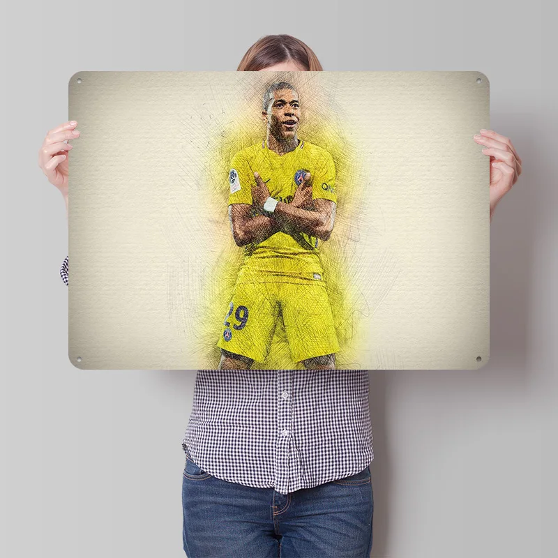 Kylian Mbappé Football Tin Poster Customized Retro Soccer Wall Art Vintage Metal Signs for Fans Room Accessories Home Decor Men