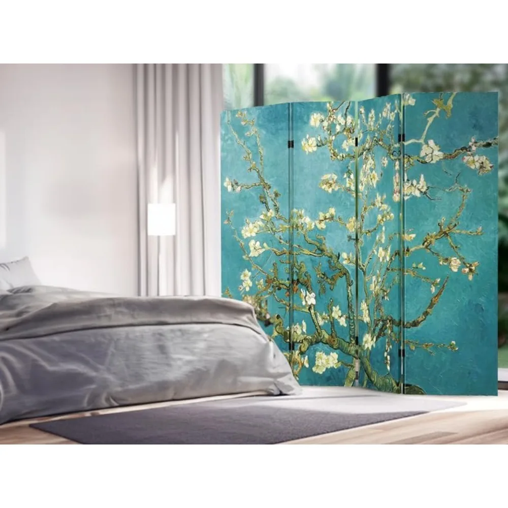 Curtain, 4 Panels Privacy Screen Room Divider Partition with Vincent Van Gogh Almond Blossom Canvas, Water Resistant Wood Frame