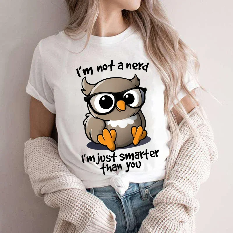 Kawaii Owl Print T Shirts for Women Clothes I\'m Not A Nerd I\'m Just Smarfer Than You Funny T-shirts Graphic Female Y2K Tops Tees