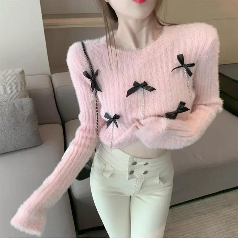 Pink White Blue 3D Bow Rhinestone Chain Sweater Jumper Pull Femme Korean Cropped Mujer Mink Cashmere Sueter Mohair Top V980